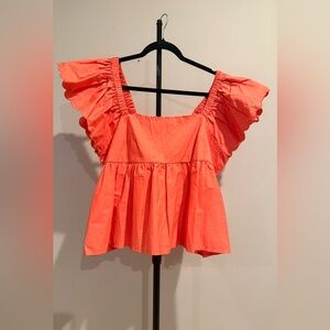 ARULA Vibrant Coral Blouse with Ruffle Sleeves